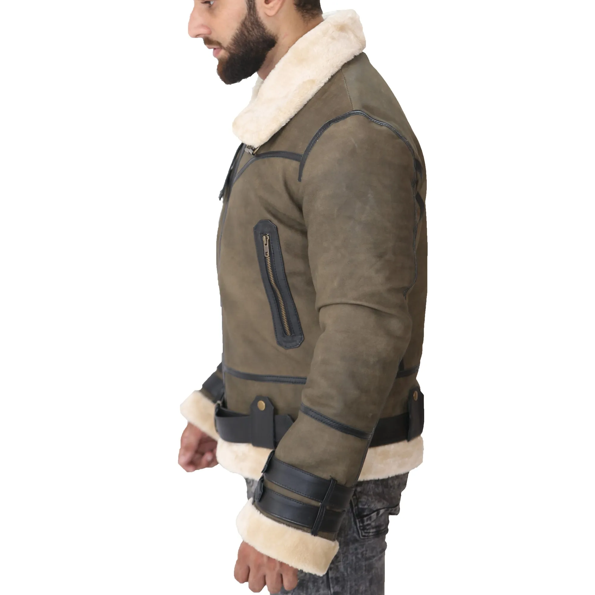 Aviator Bomber Men's Green Leather Jacket with Faux fur