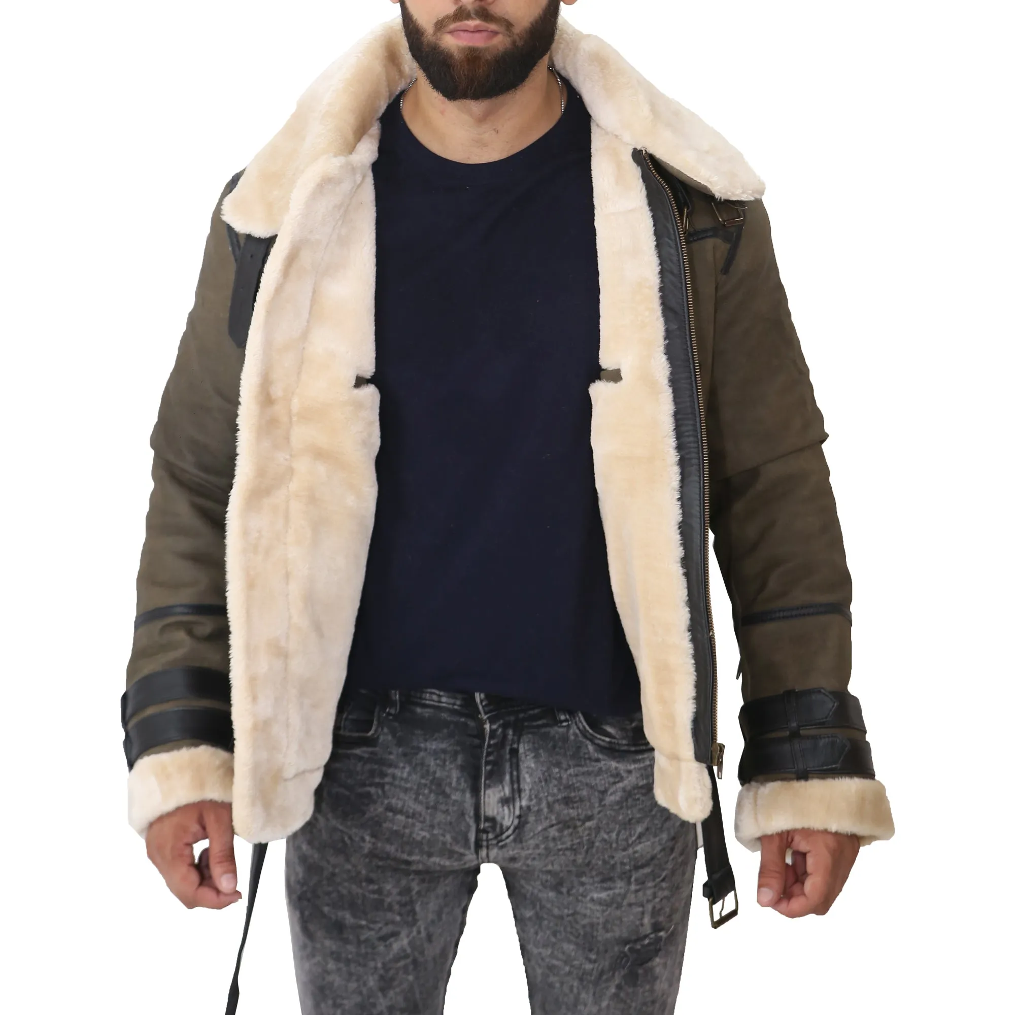 Aviator Bomber Men's Green Leather Jacket with Faux fur