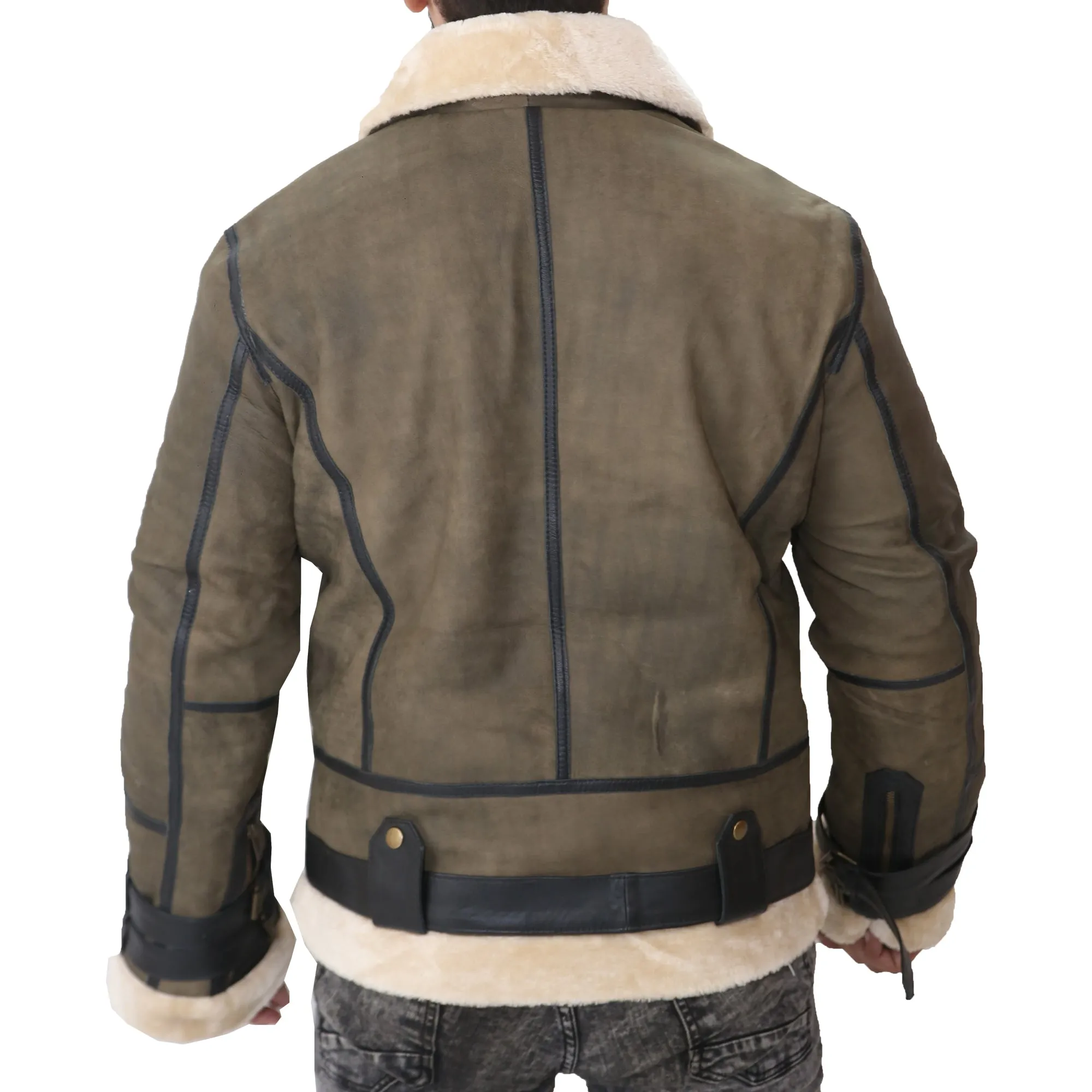 Aviator Bomber Men's Green Leather Jacket with Faux fur