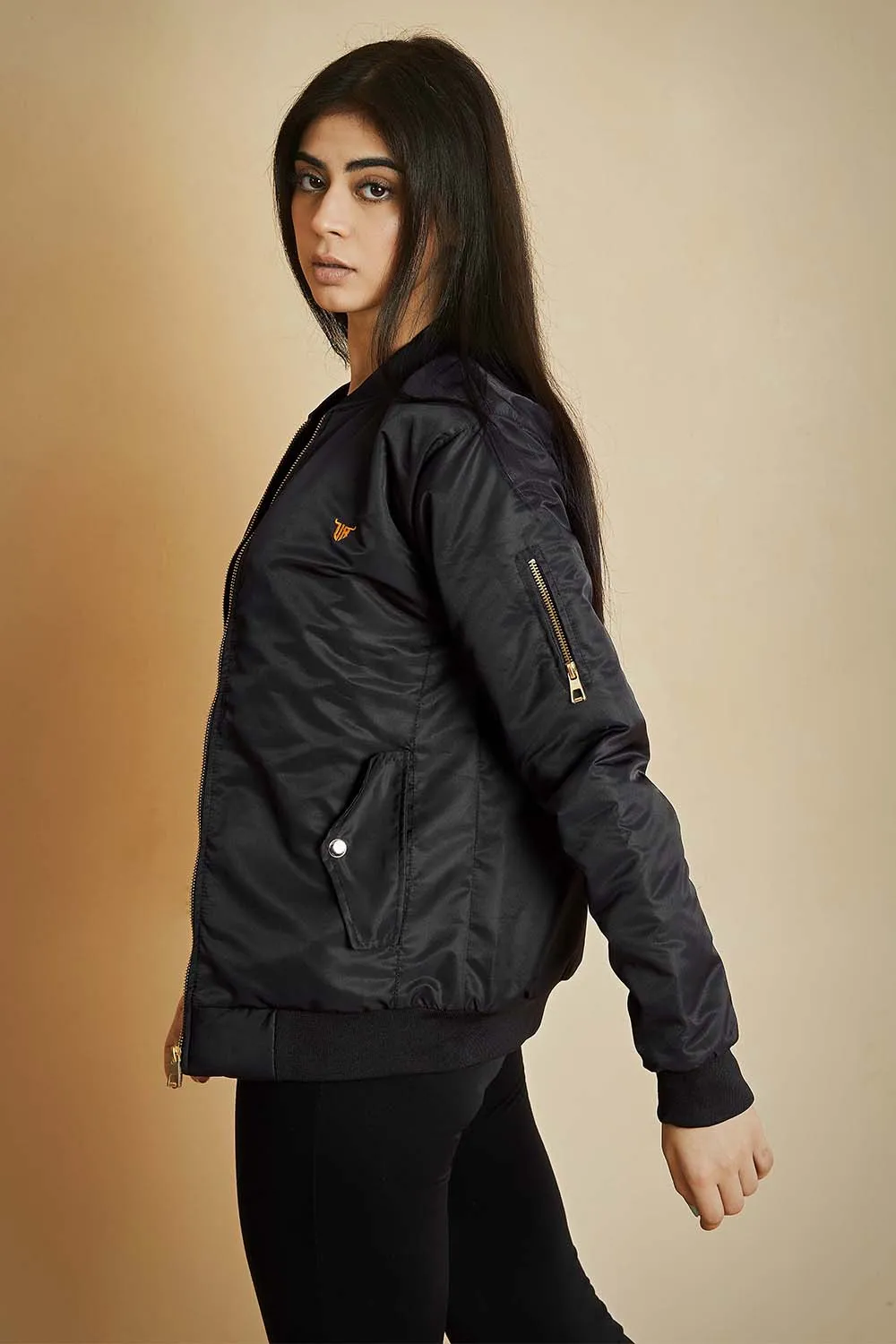 Black Bomber Jacket with Flap Pockets - W