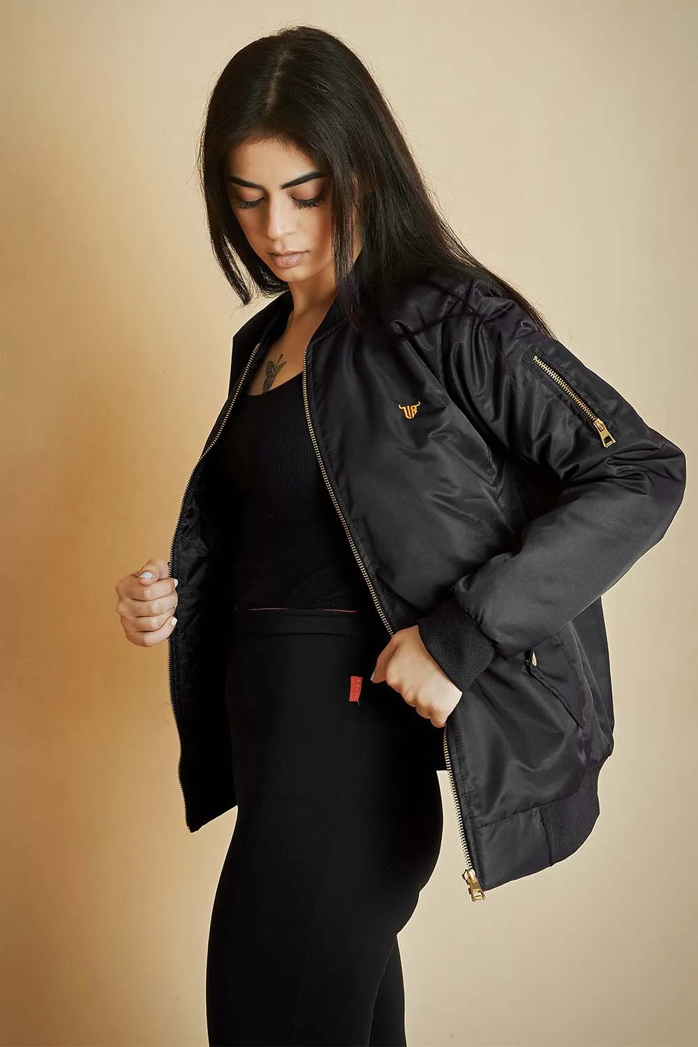 Black Bomber Jacket with Flap Pockets - W