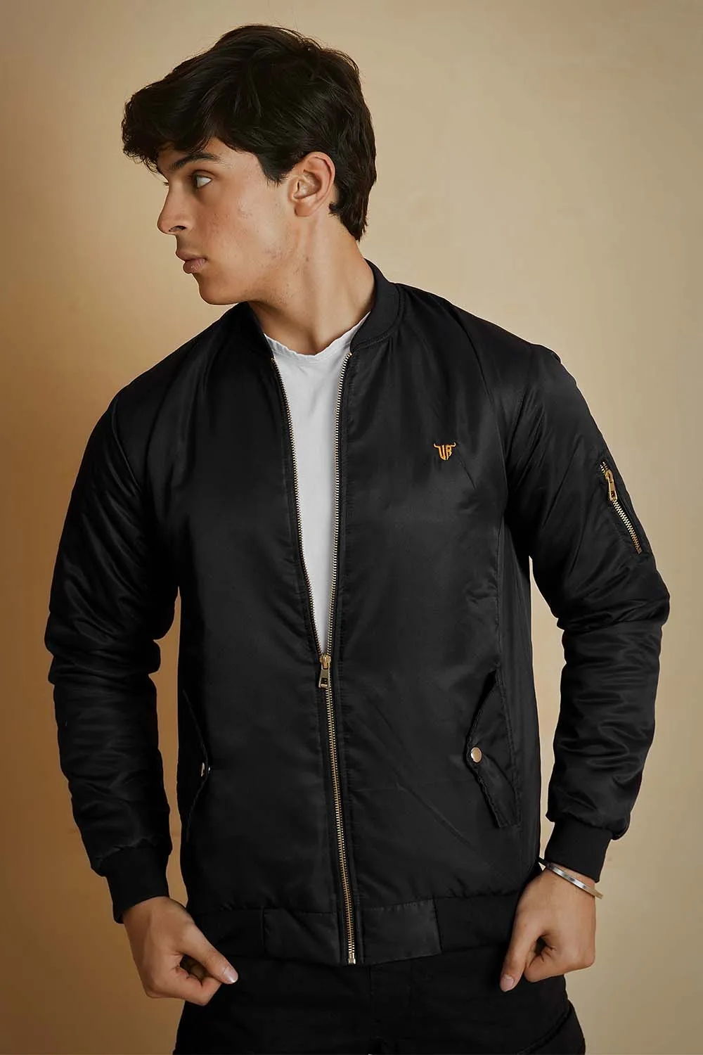 Black Bomber Jacket with Flap Pockets