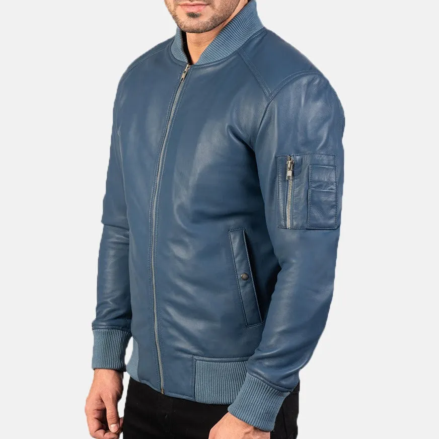 BOMBER-2409 Mush Blue Leather Bomber Jacket
