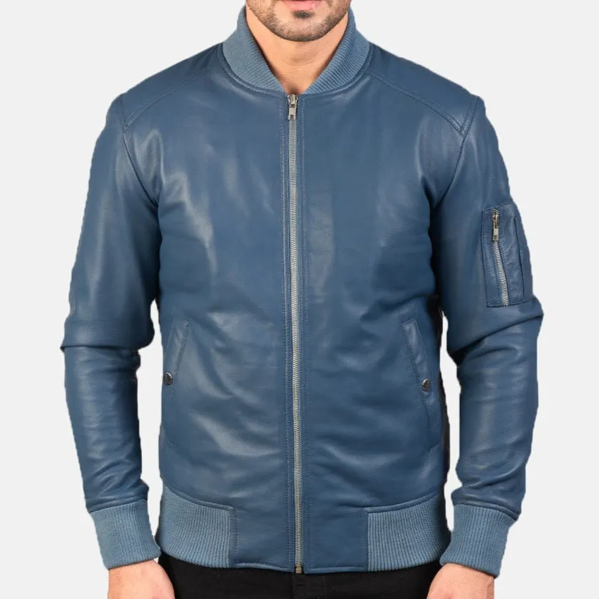 BOMBER-2409 Mush Blue Leather Bomber Jacket