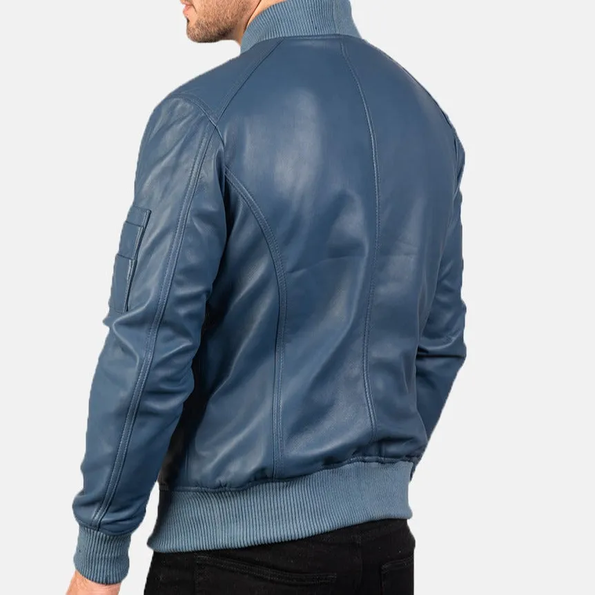 BOMBER-2409 Mush Blue Leather Bomber Jacket