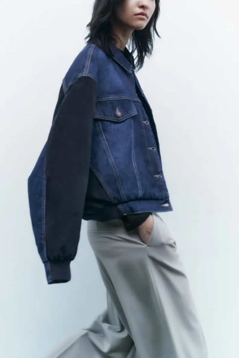 CF0367 Denim Mixed Bomber Jacket