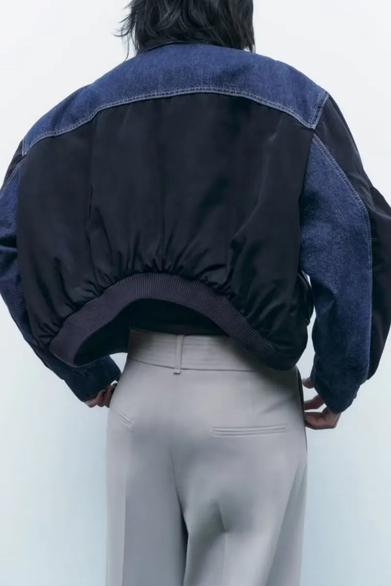 CF0367 Denim Mixed Bomber Jacket