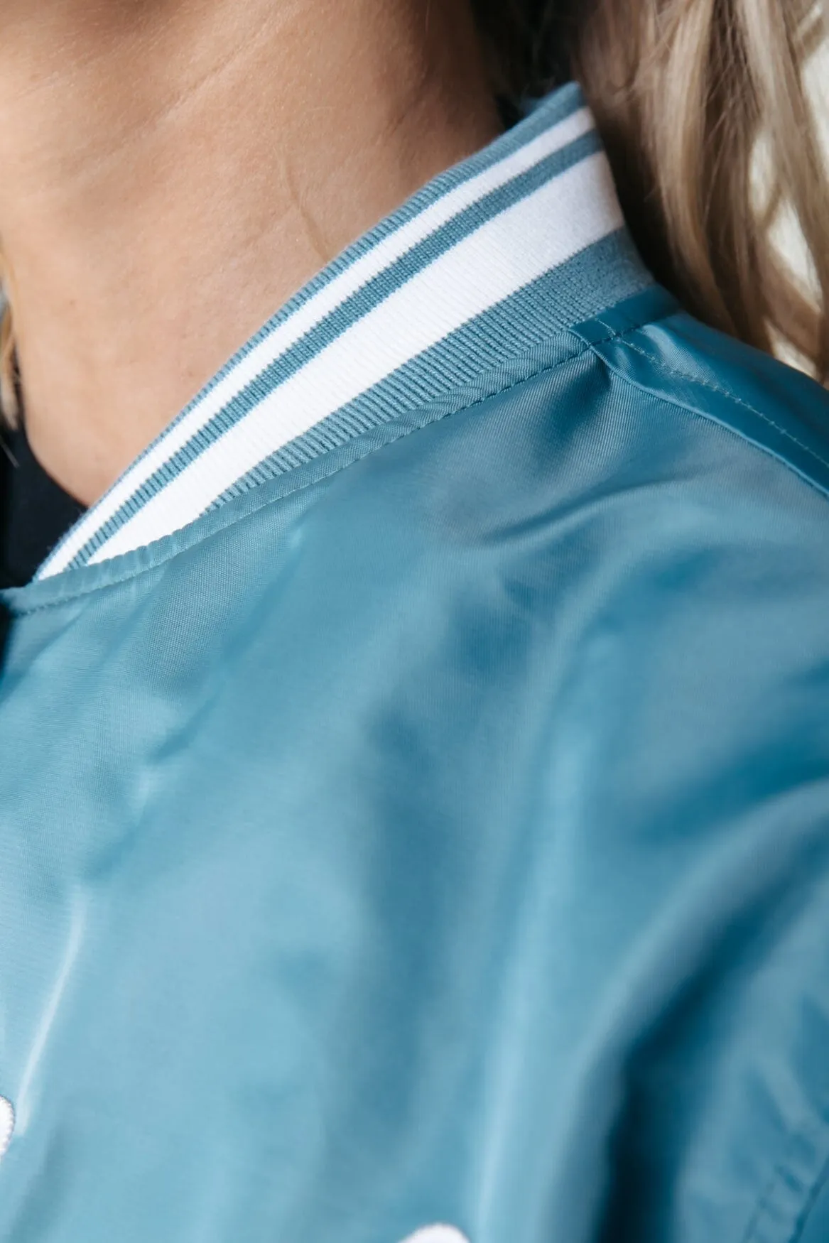 Felicia Rebel Patch Satin Bomber | Dark mint