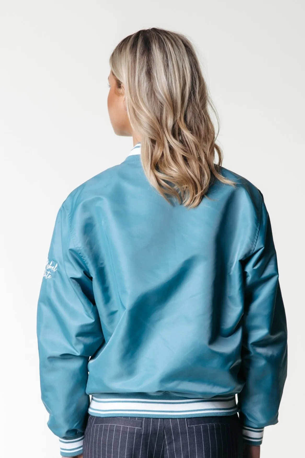 Felicia Rebel Patch Satin Bomber | Dark mint