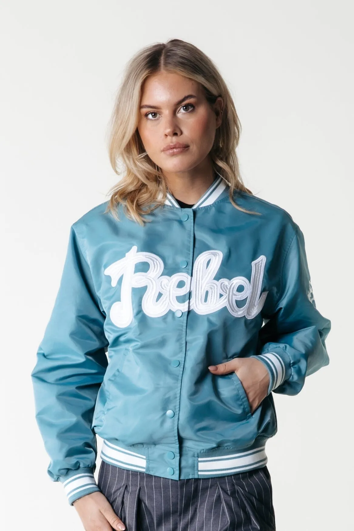 Felicia Rebel Patch Satin Bomber | Dark mint
