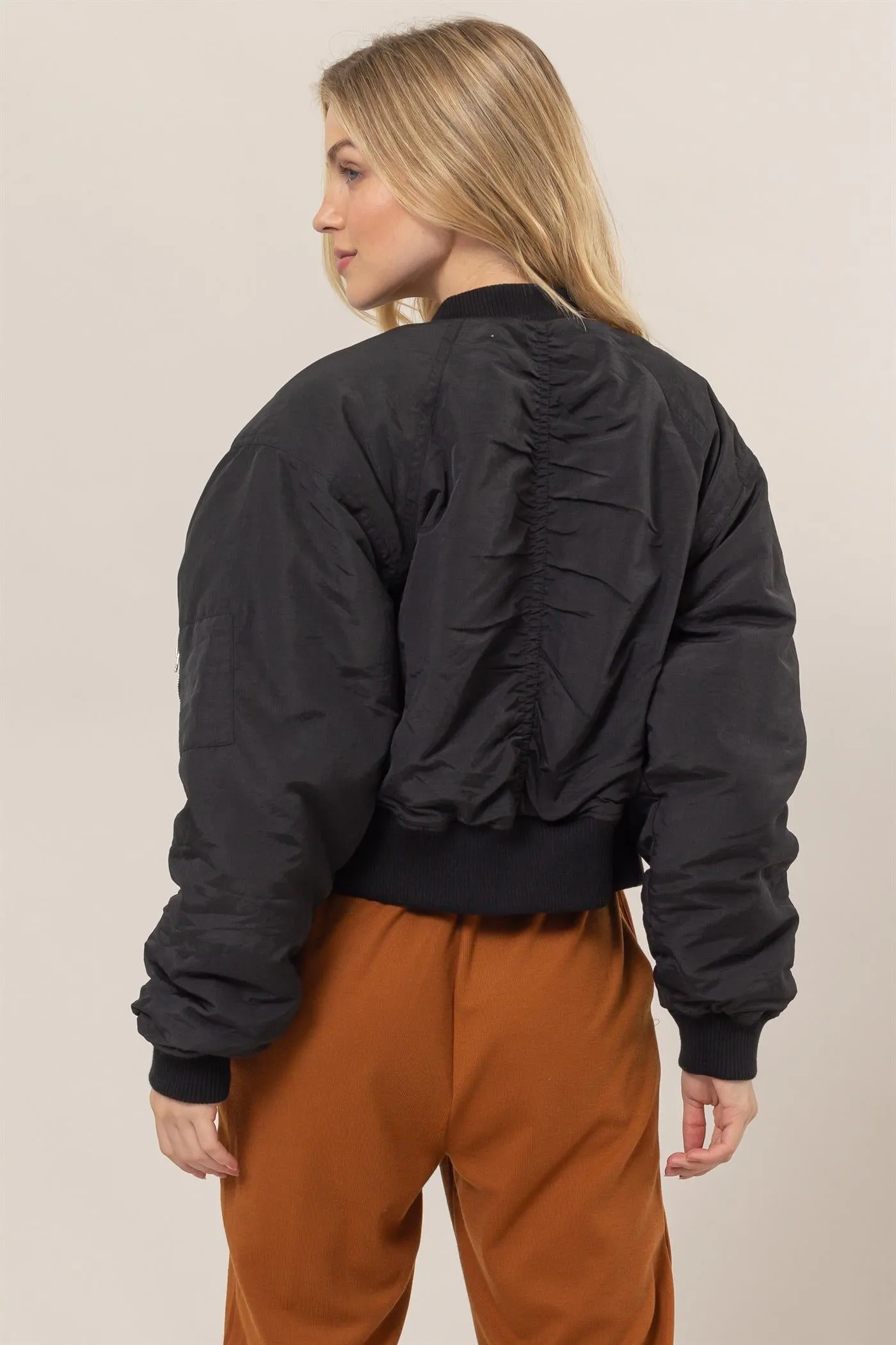 HF24E735-Ruched Bomber Puffer Jacket