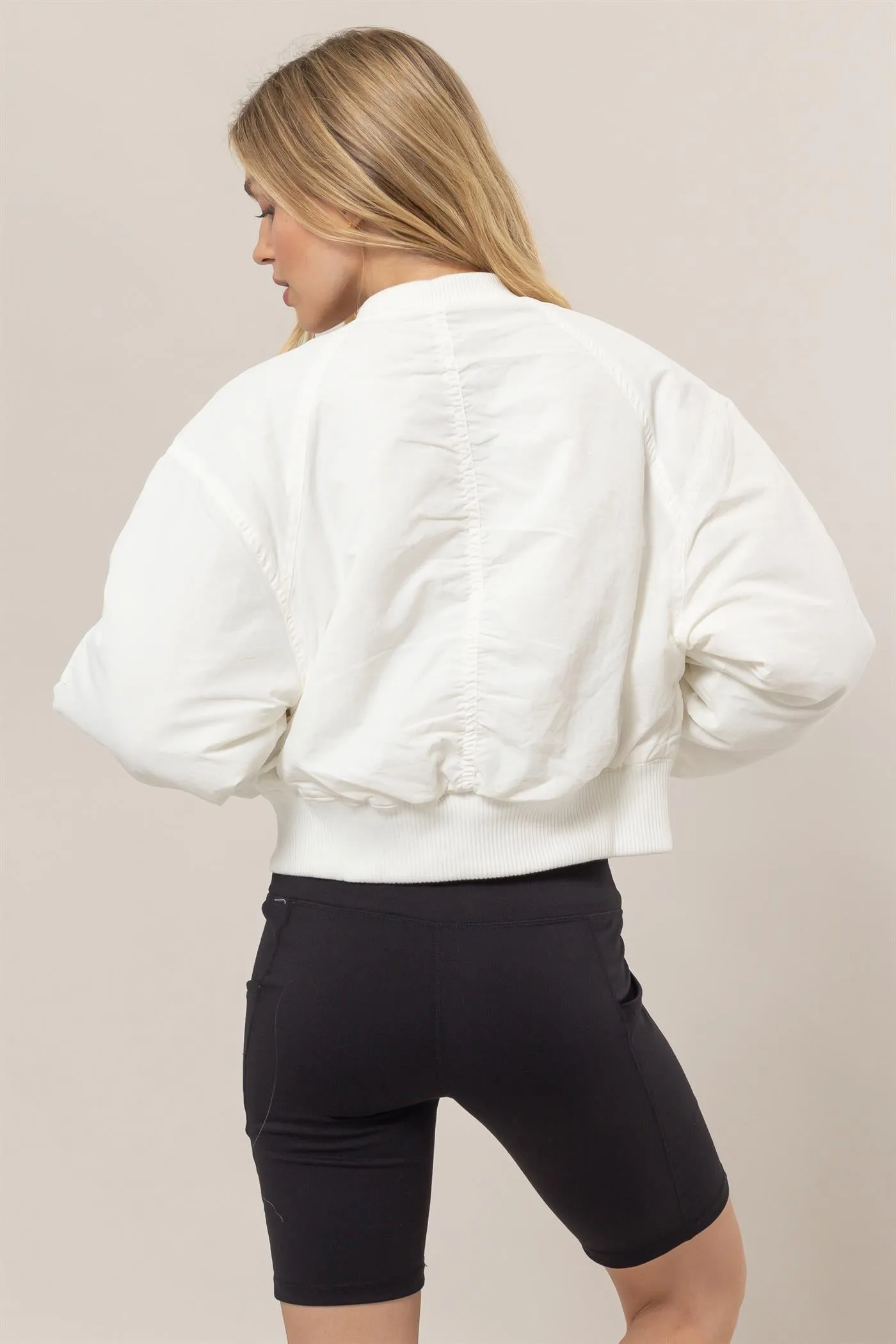 HF24E735-Ruched Bomber Puffer Jacket