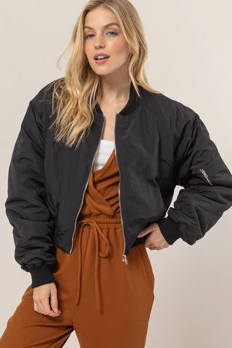HF24E735-Ruched Bomber Puffer Jacket