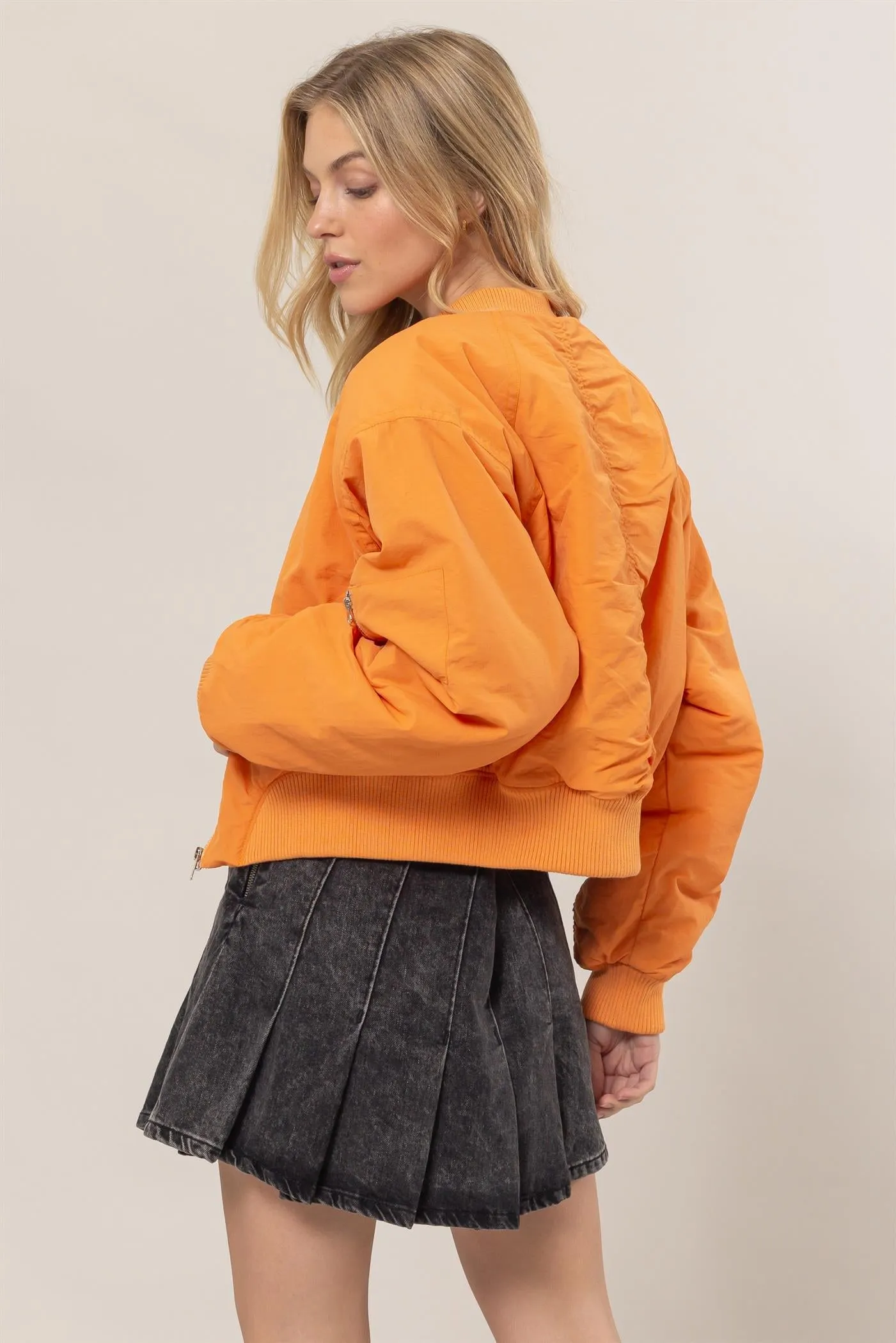 HF24E735-Ruched Bomber Puffer Jacket