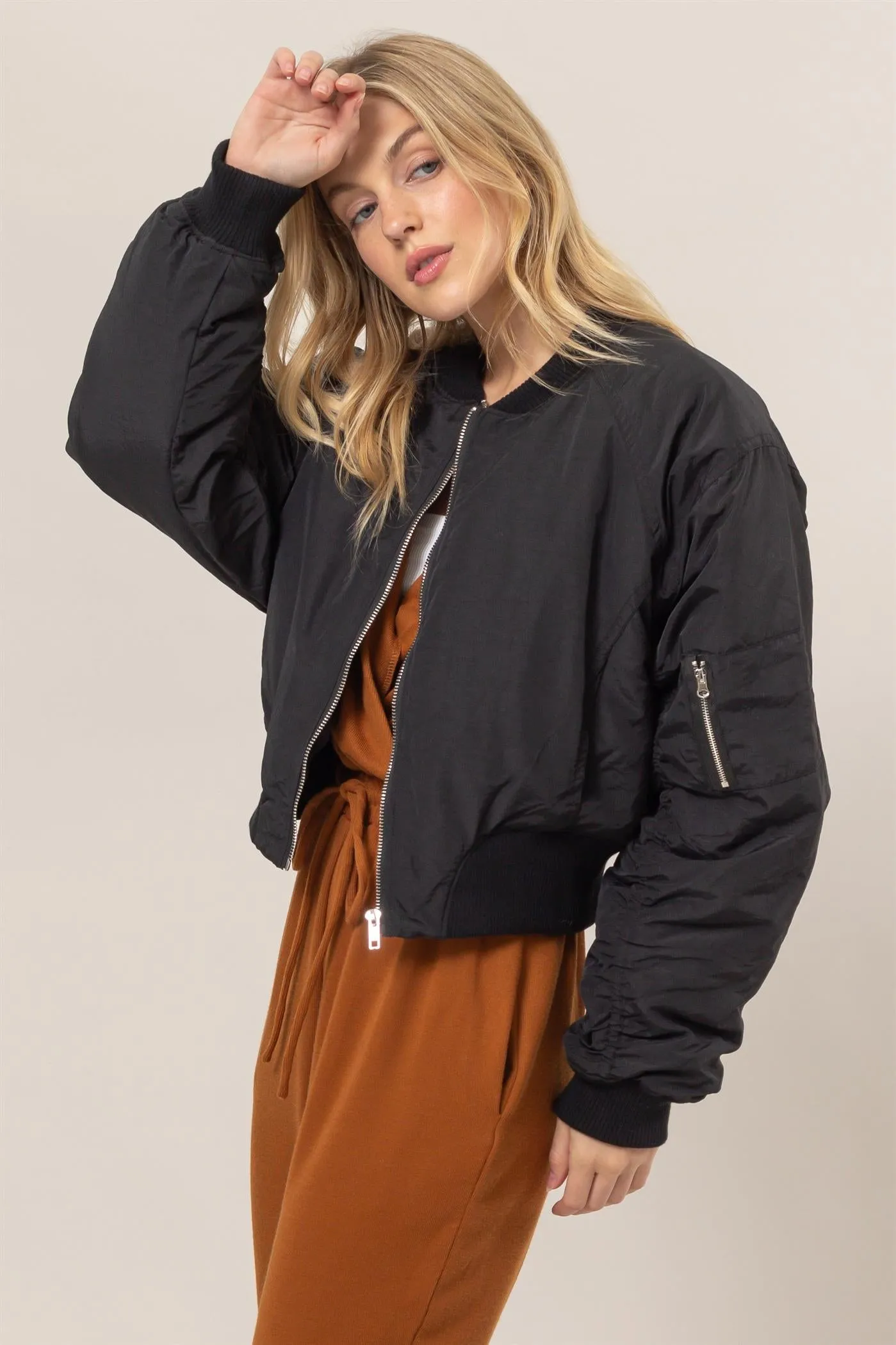 HF24E735-Ruched Bomber Puffer Jacket