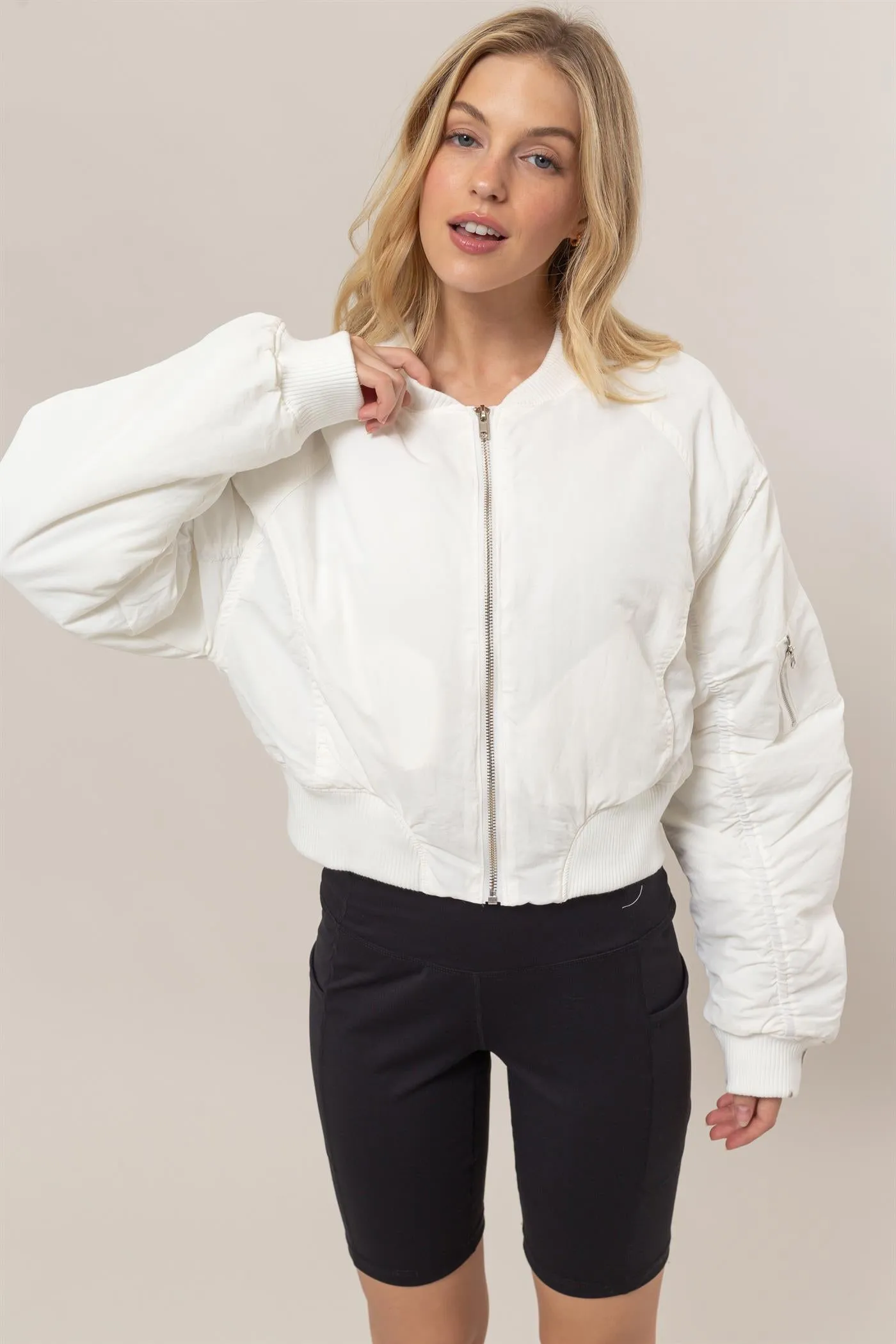 HF24E735-Ruched Bomber Puffer Jacket
