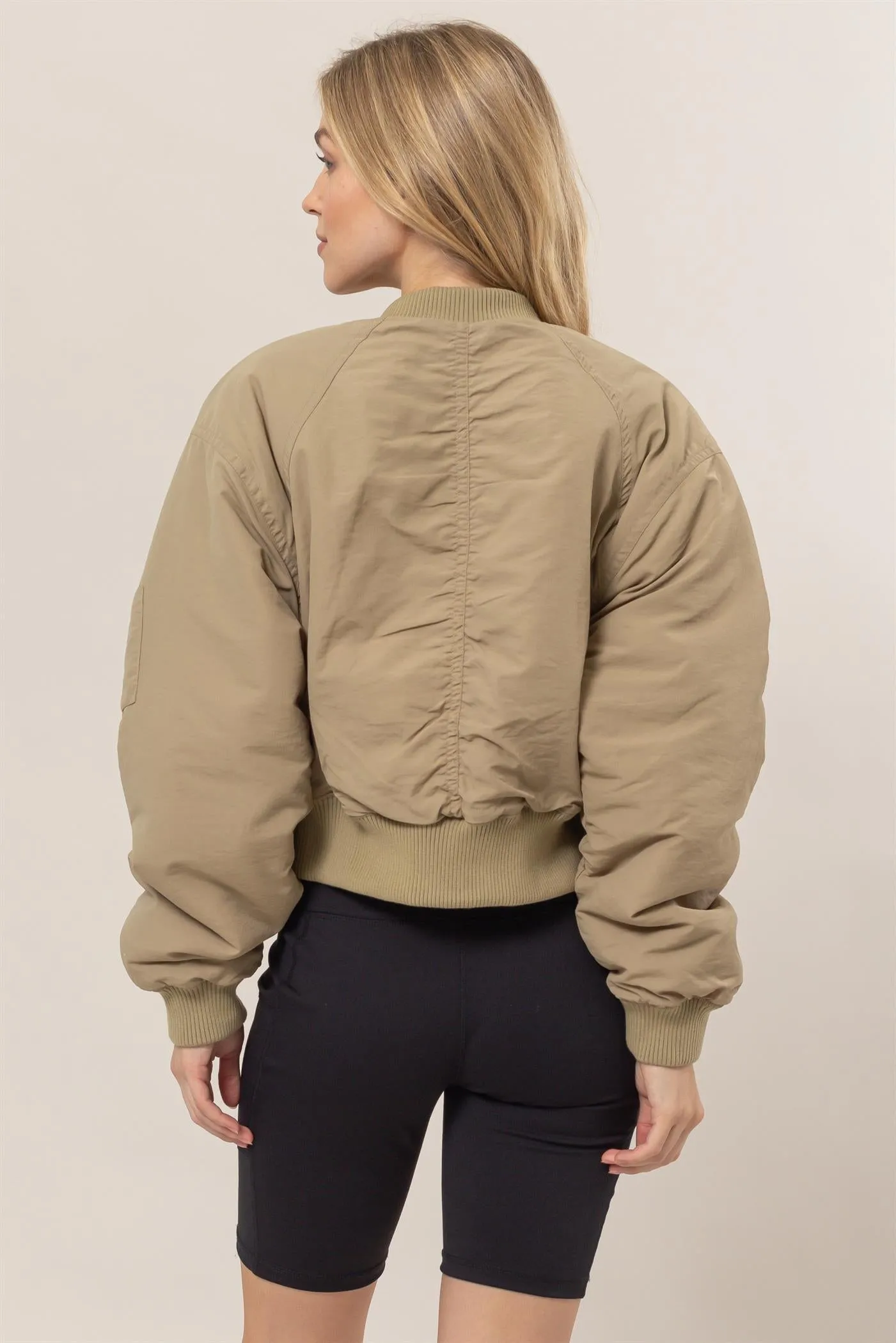 HF24E735-Ruched Bomber Puffer Jacket