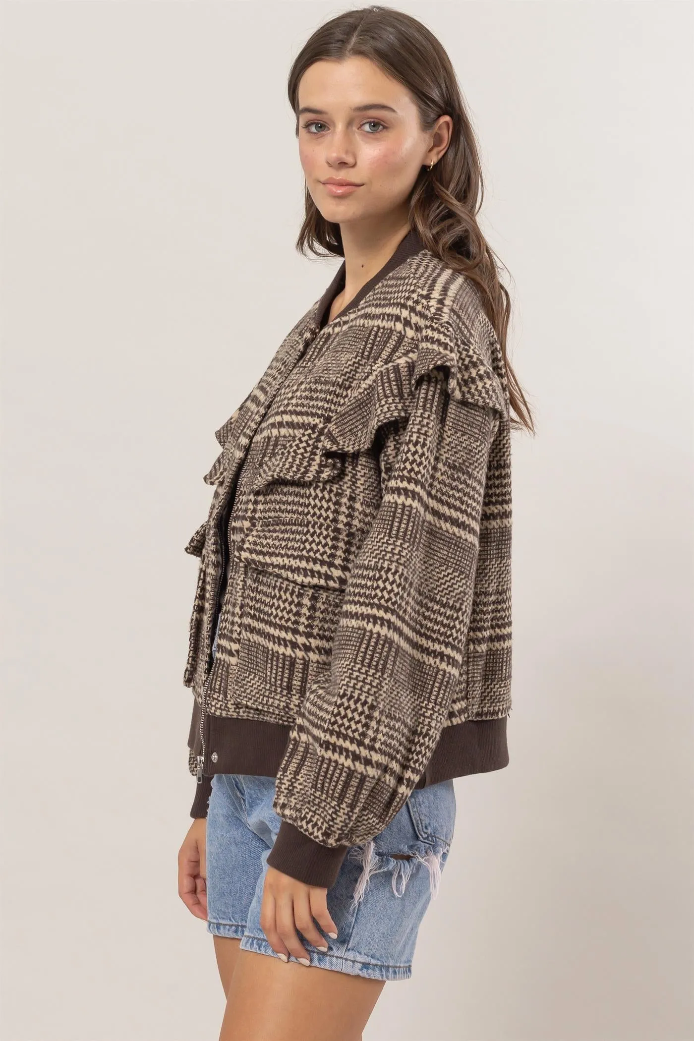 HF25C182-Plaid Ruffle Bomber Jacket