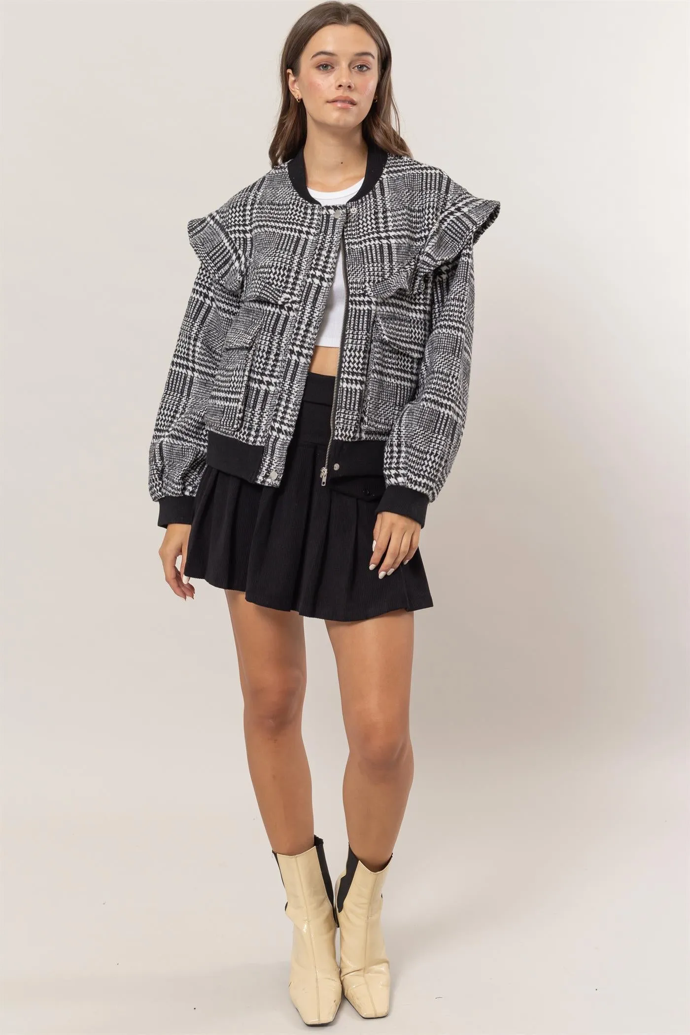 HF25C182-Plaid Ruffle Bomber Jacket