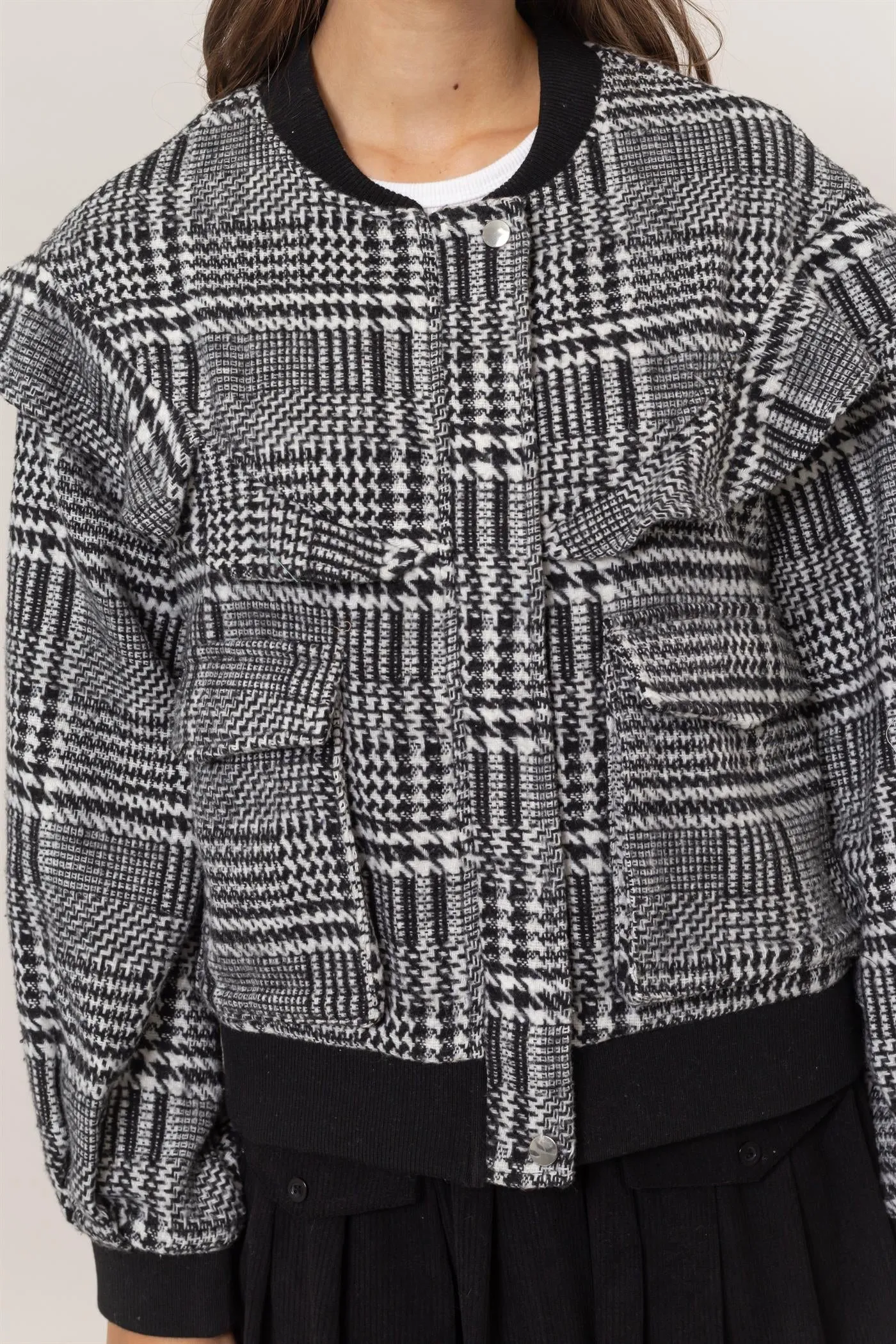 HF25C182-Plaid Ruffle Bomber Jacket