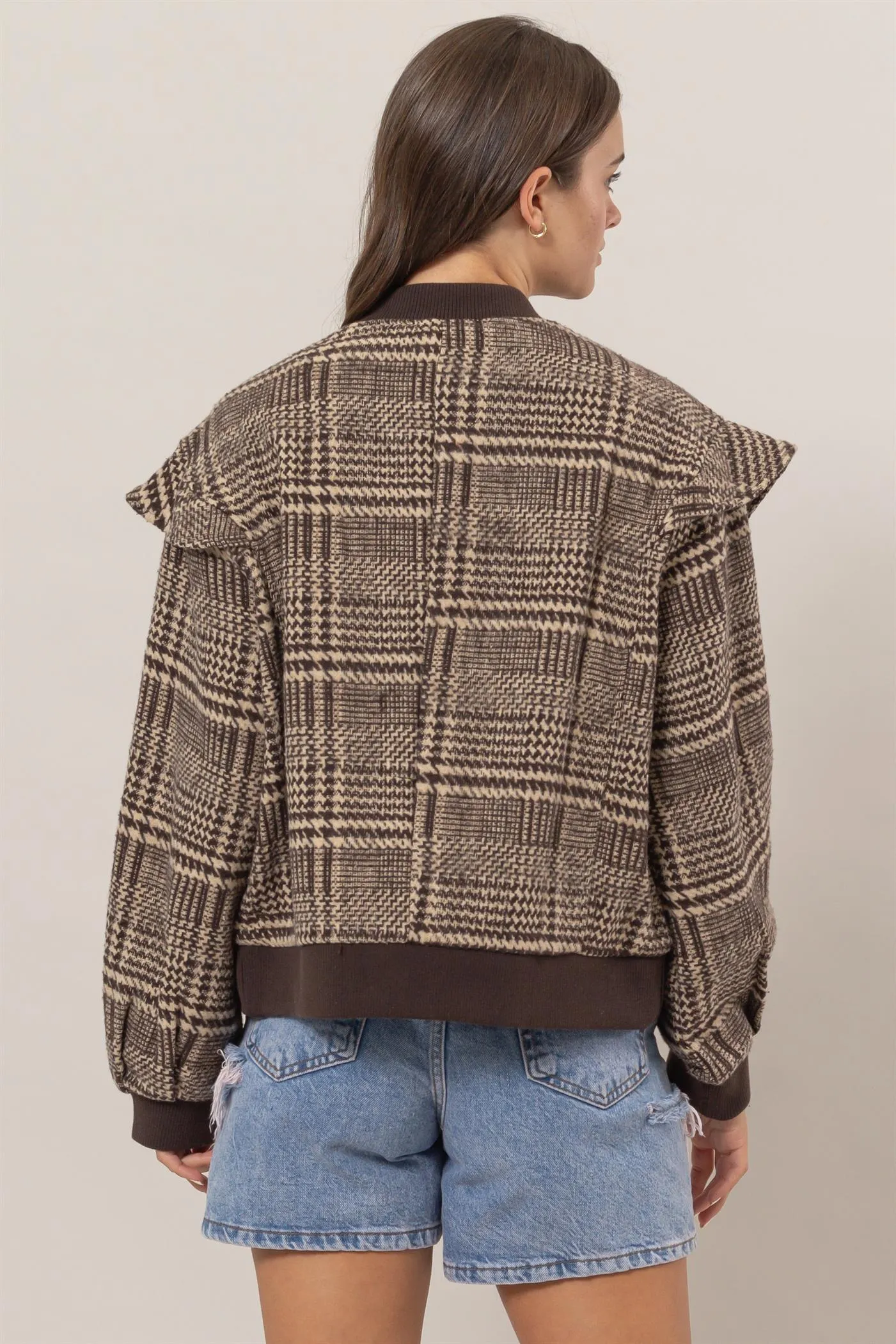 HF25C182-Plaid Ruffle Bomber Jacket