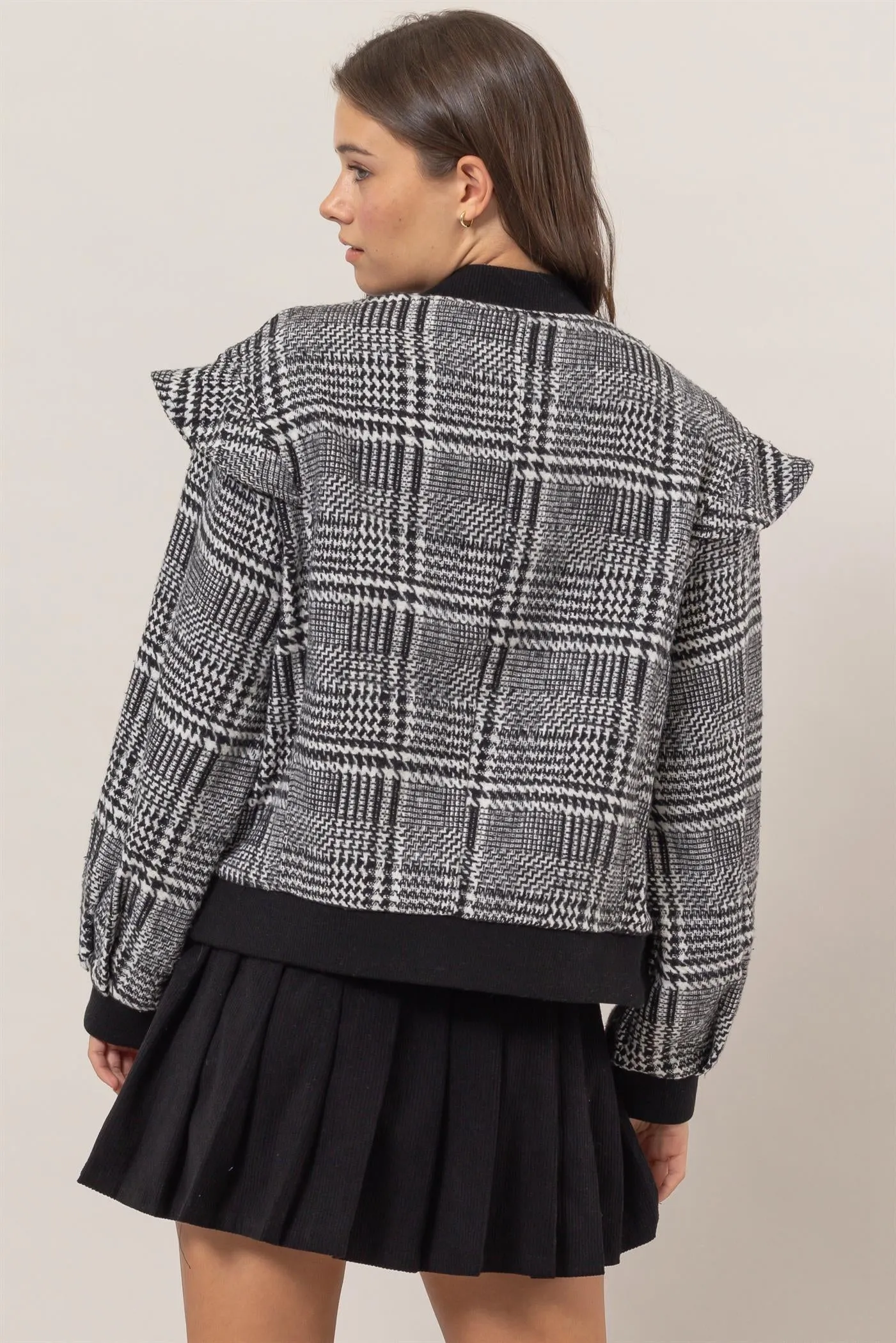 HF25C182-Plaid Ruffle Bomber Jacket