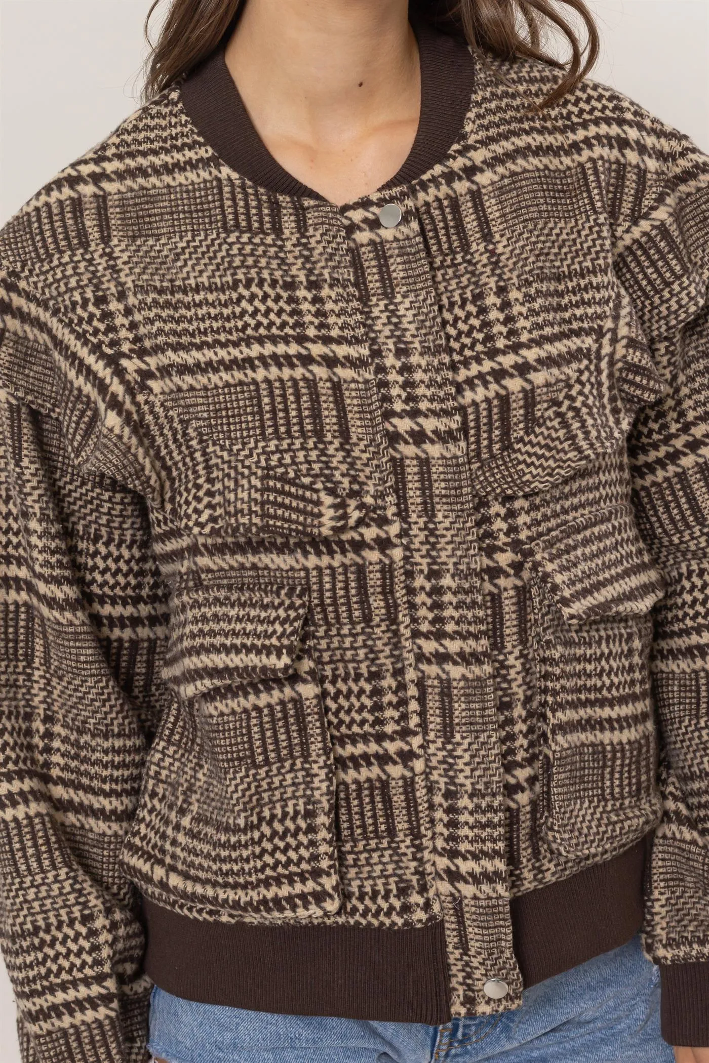 HF25C182-Plaid Ruffle Bomber Jacket