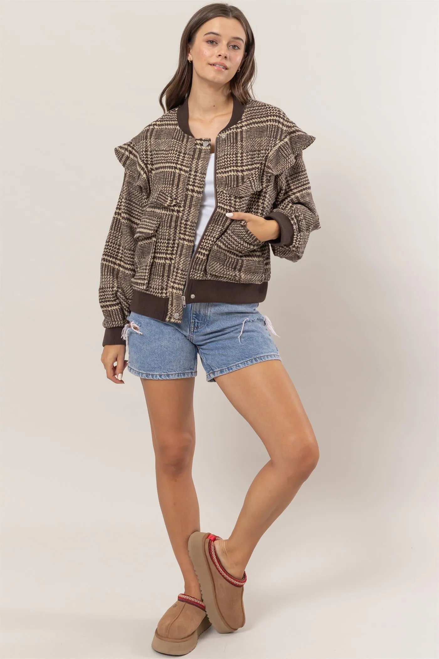 HF25C182-Plaid Ruffle Bomber Jacket