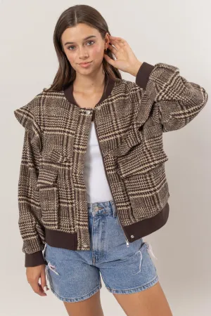HF25C182-Plaid Ruffle Bomber Jacket