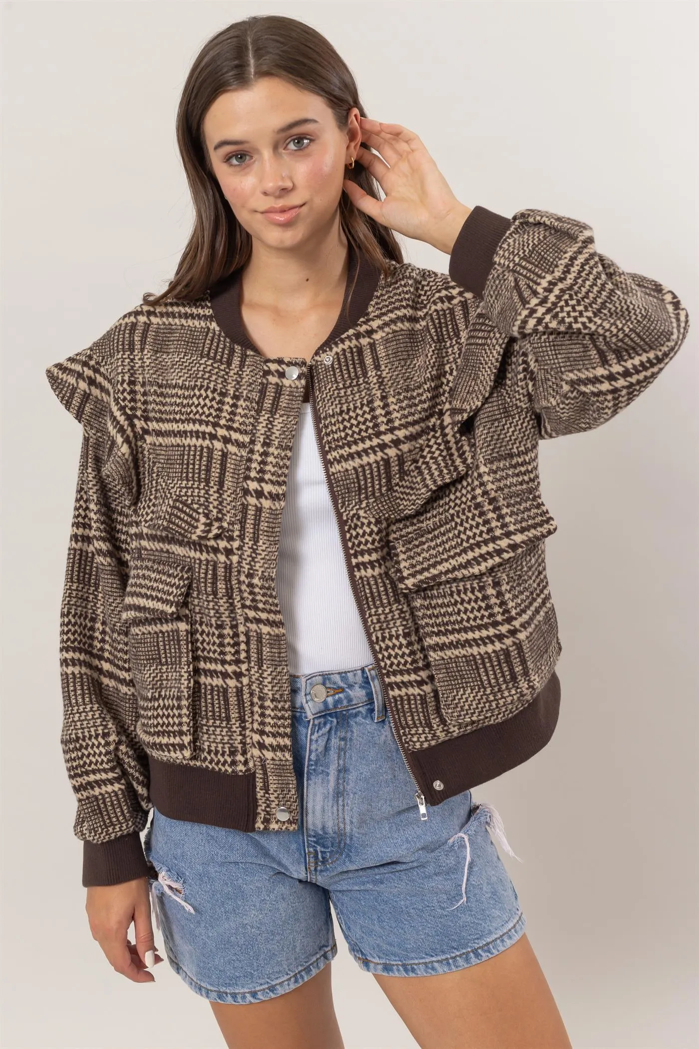 HF25C182-Plaid Ruffle Bomber Jacket