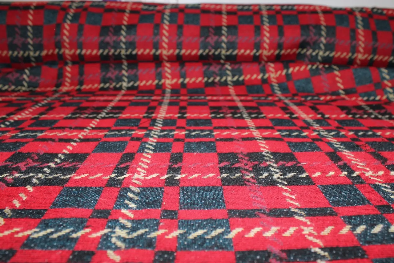 Italian Plaid Cotton Blend Jacquard Coat Weight - Red/Beige/Blue/Black