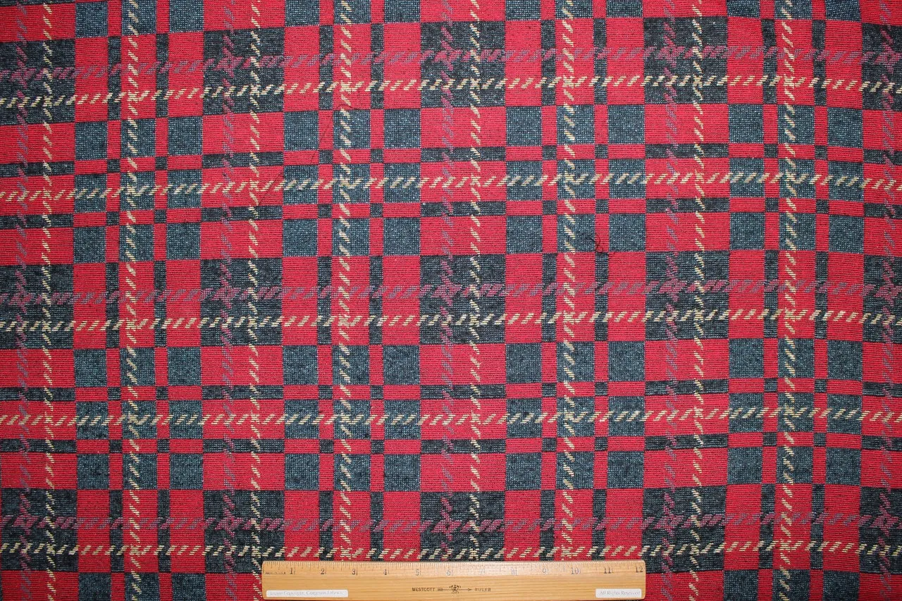 Italian Plaid Cotton Blend Jacquard Coat Weight - Red/Beige/Blue/Black