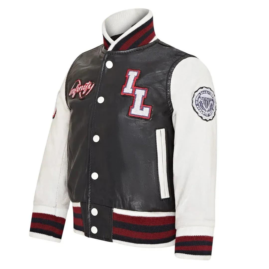 Kids Black Leather Letterman Bomber Jacket