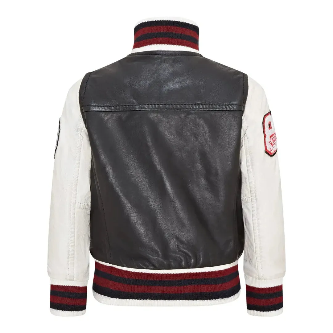 Kids Black Leather Letterman Bomber Jacket