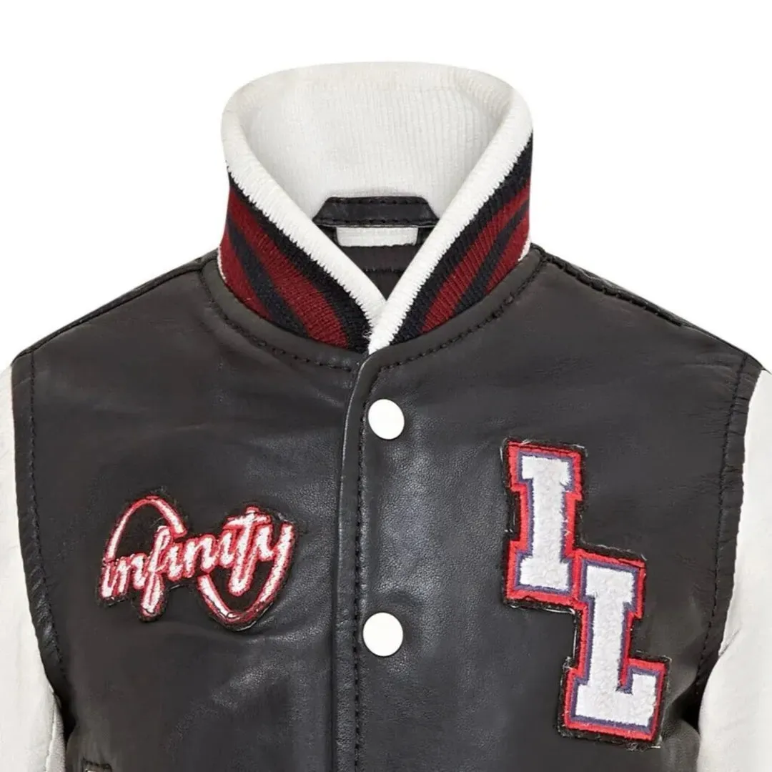 Kids Black Leather Letterman Bomber Jacket