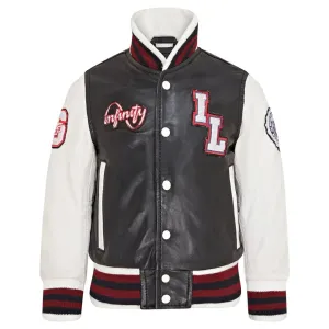 Kids Black Leather Letterman Bomber Jacket