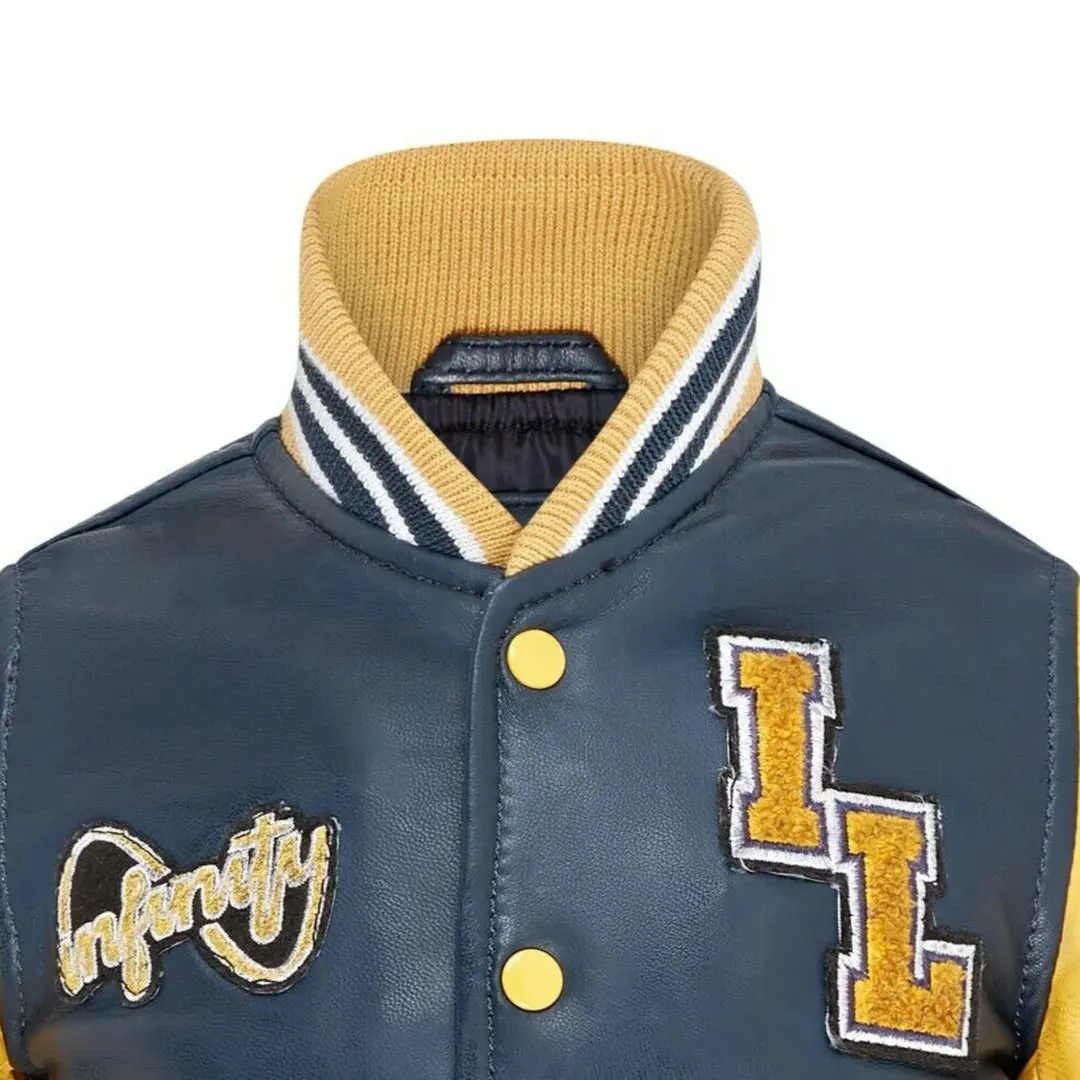 Kids Navy Blue Leather Letterman Bomber Jacket