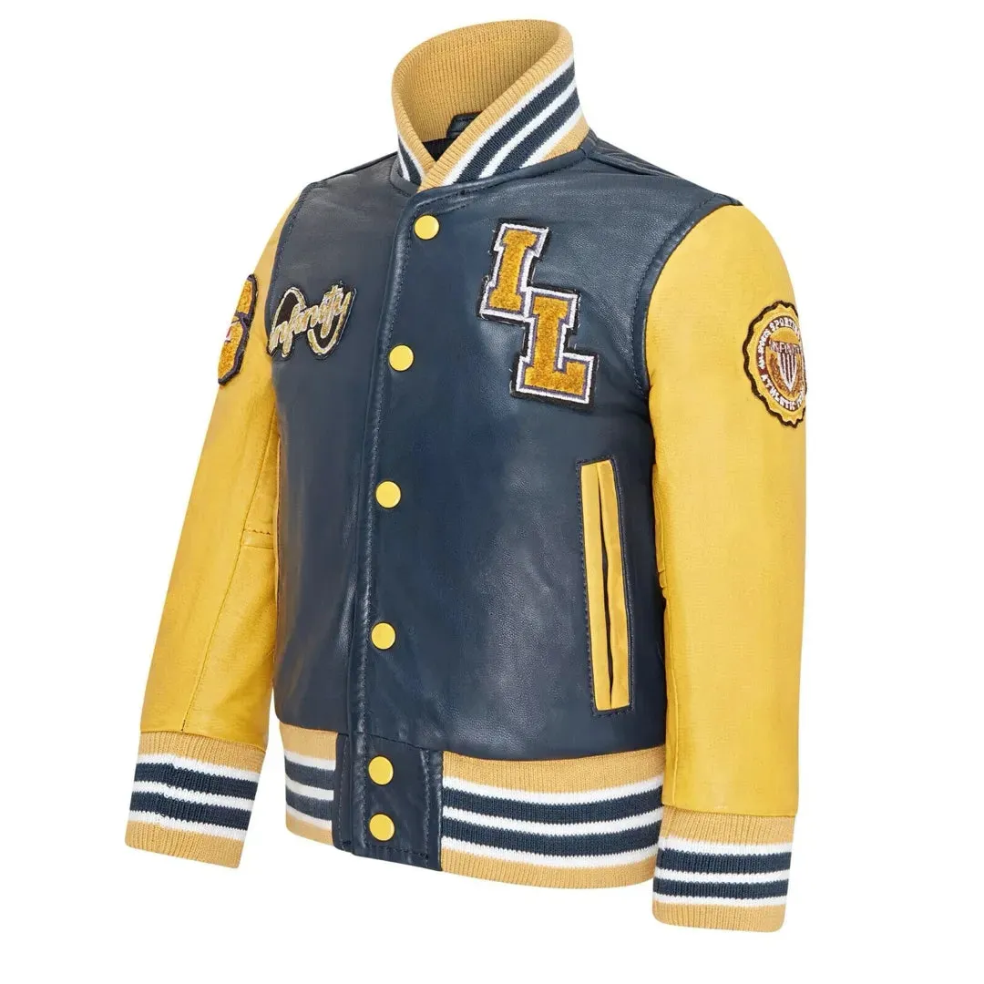 Kids Navy Blue Leather Letterman Bomber Jacket
