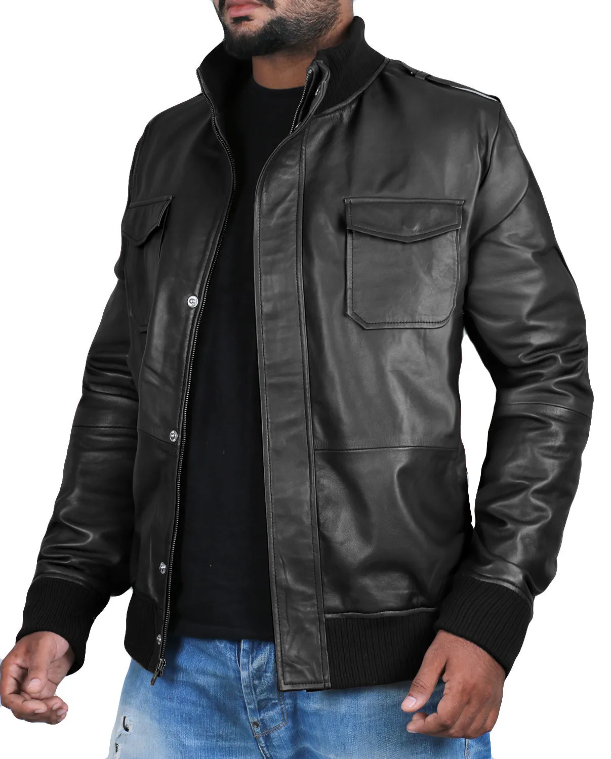 Leather Jackets Hub Mens Genuine Lambskin Leather Jacket (Black, Bomber Jacket) - 1501019