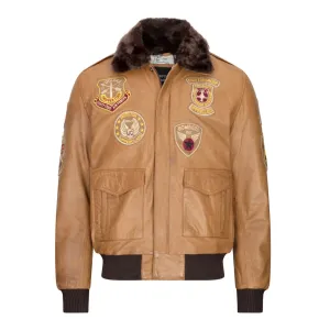 Men's Aviator Flying Pilot Bomber Jacket Tan Removable Black Fur Collar