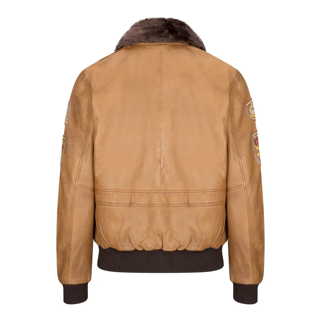 Men's Aviator Flying Pilot Bomber Jacket Tan Removable Black Fur Collar