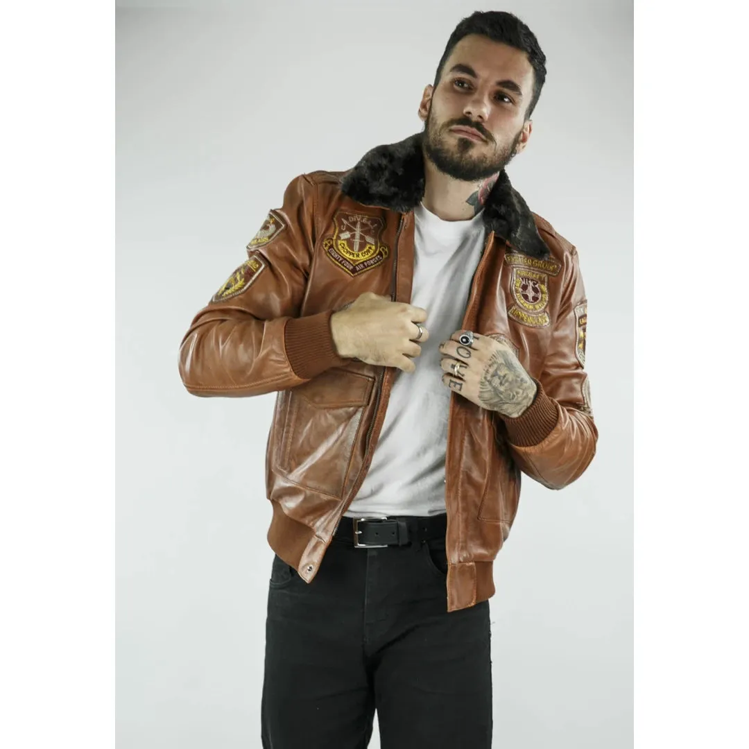 Men's Aviator Flying Pilot Bomber Jacket Tan Removable Black Fur Collar