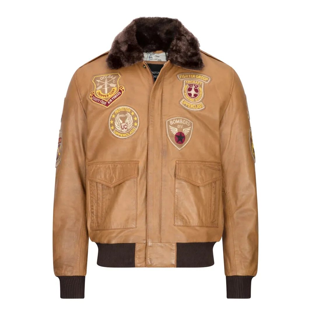 Men's Aviator Flying Pilot Bomber Jacket Tan Removable Black Fur Collar