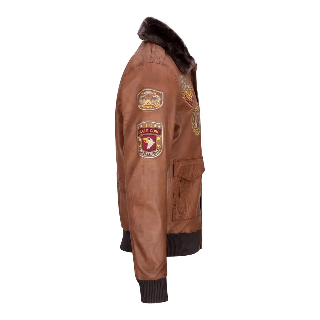 Men's Aviator Flying Pilot Bomber Jacket Tan Removable Black Fur Collar