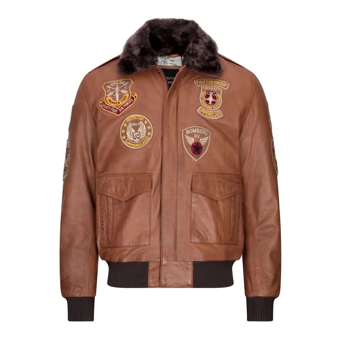 Men's Aviator Flying Pilot Bomber Jacket Tan Removable Black Fur Collar