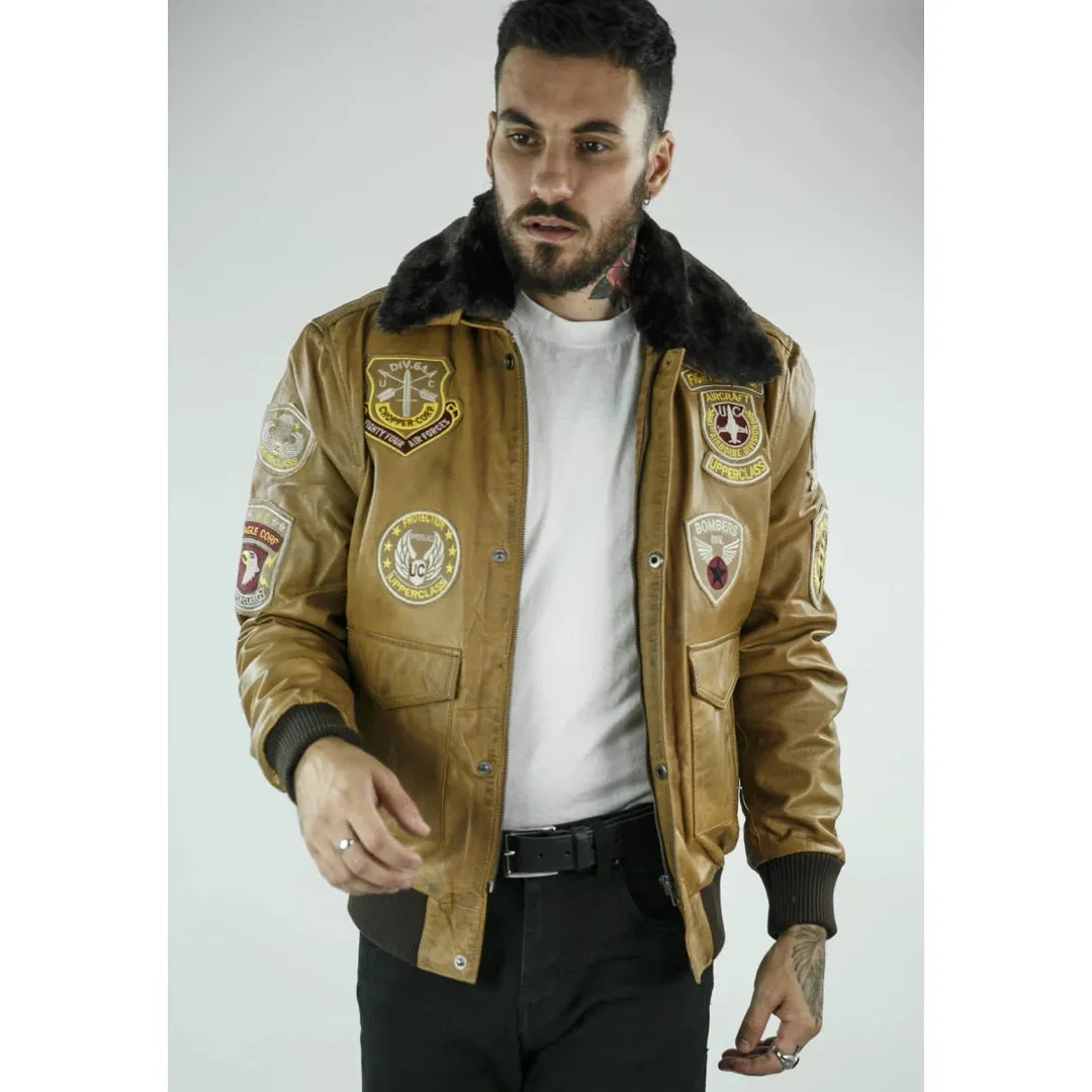 Men's Aviator Flying Pilot Bomber Jacket Tan Removable Black Fur Collar