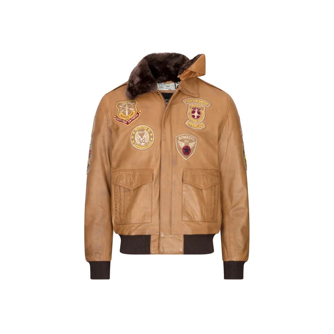 Men's Aviator Flying Pilot Bomber Jacket Tan Removable Black Fur Collar