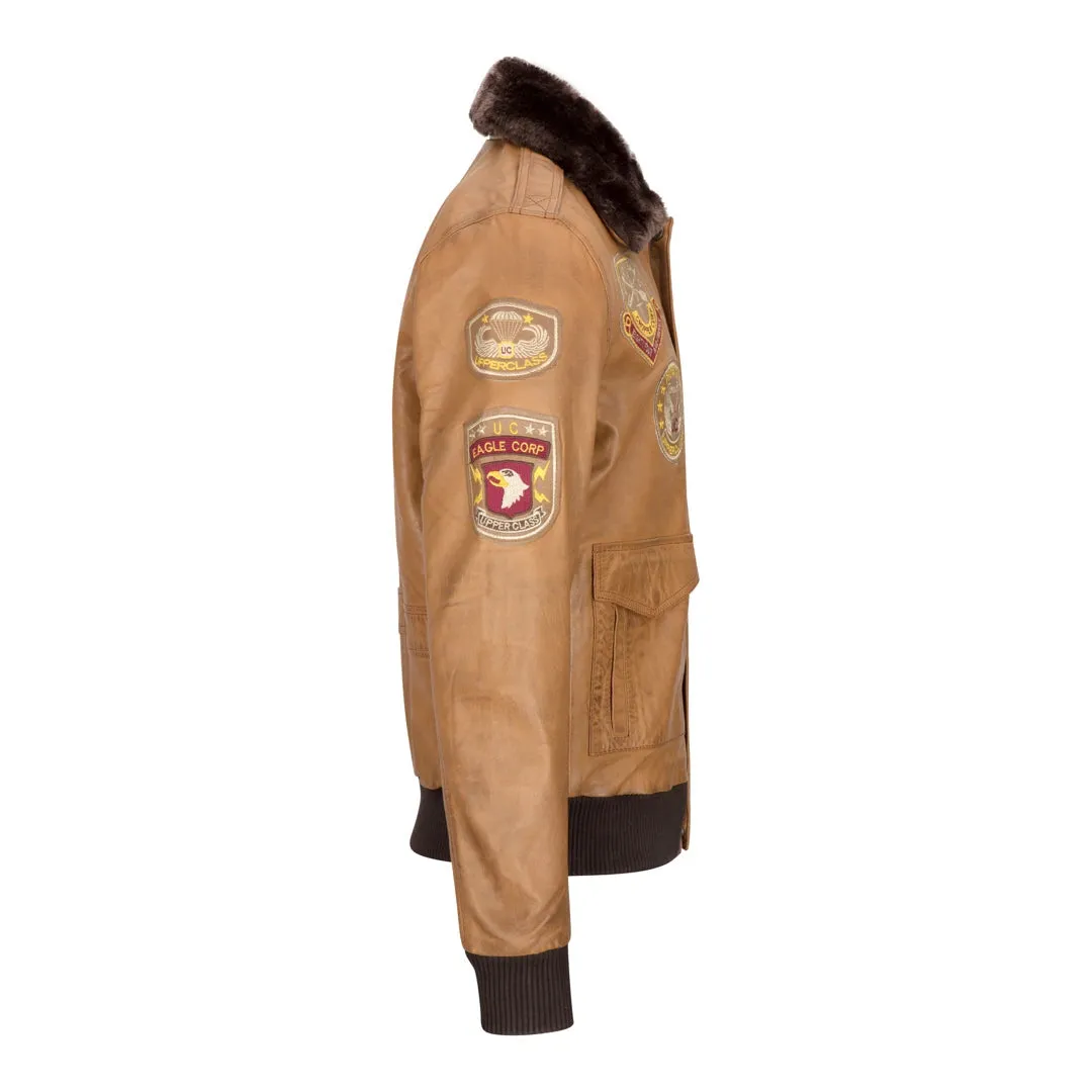 Men's Aviator Flying Pilot Bomber Jacket Tan Removable Black Fur Collar