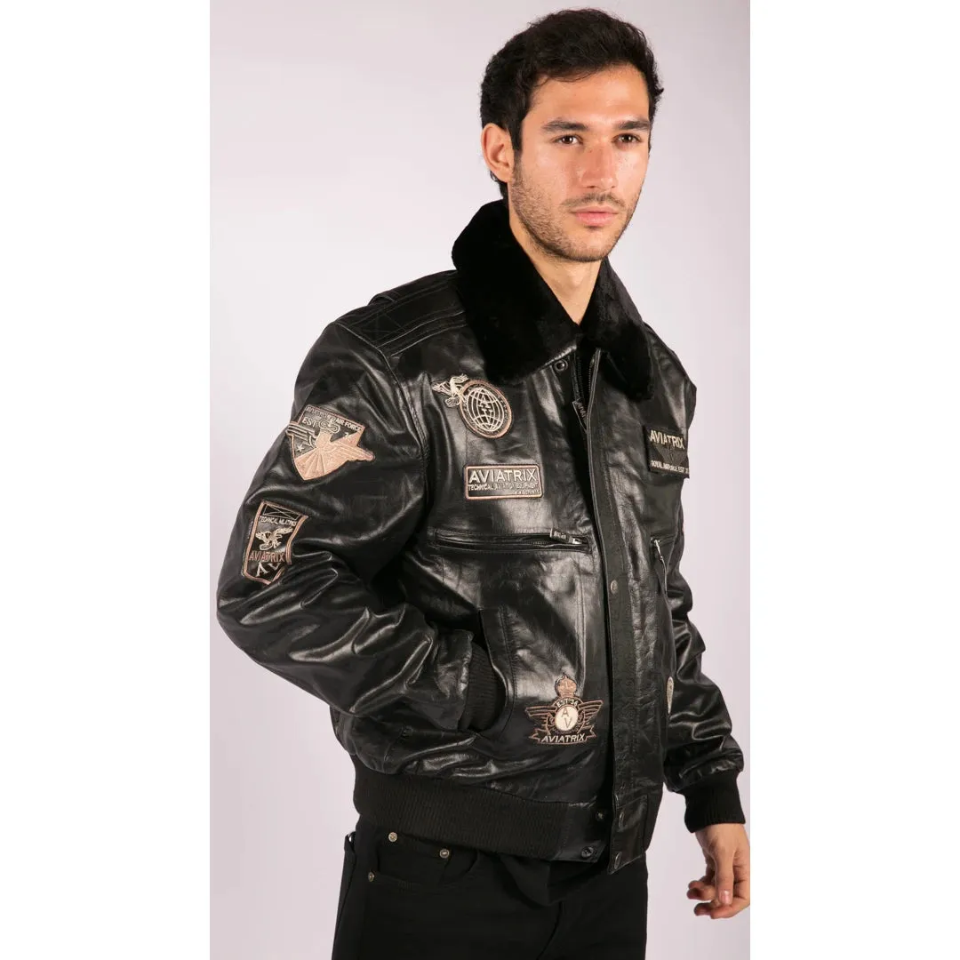 Men's Black Leather Bomber Aviator Badge Pilot Jacket Removable Fur Collar