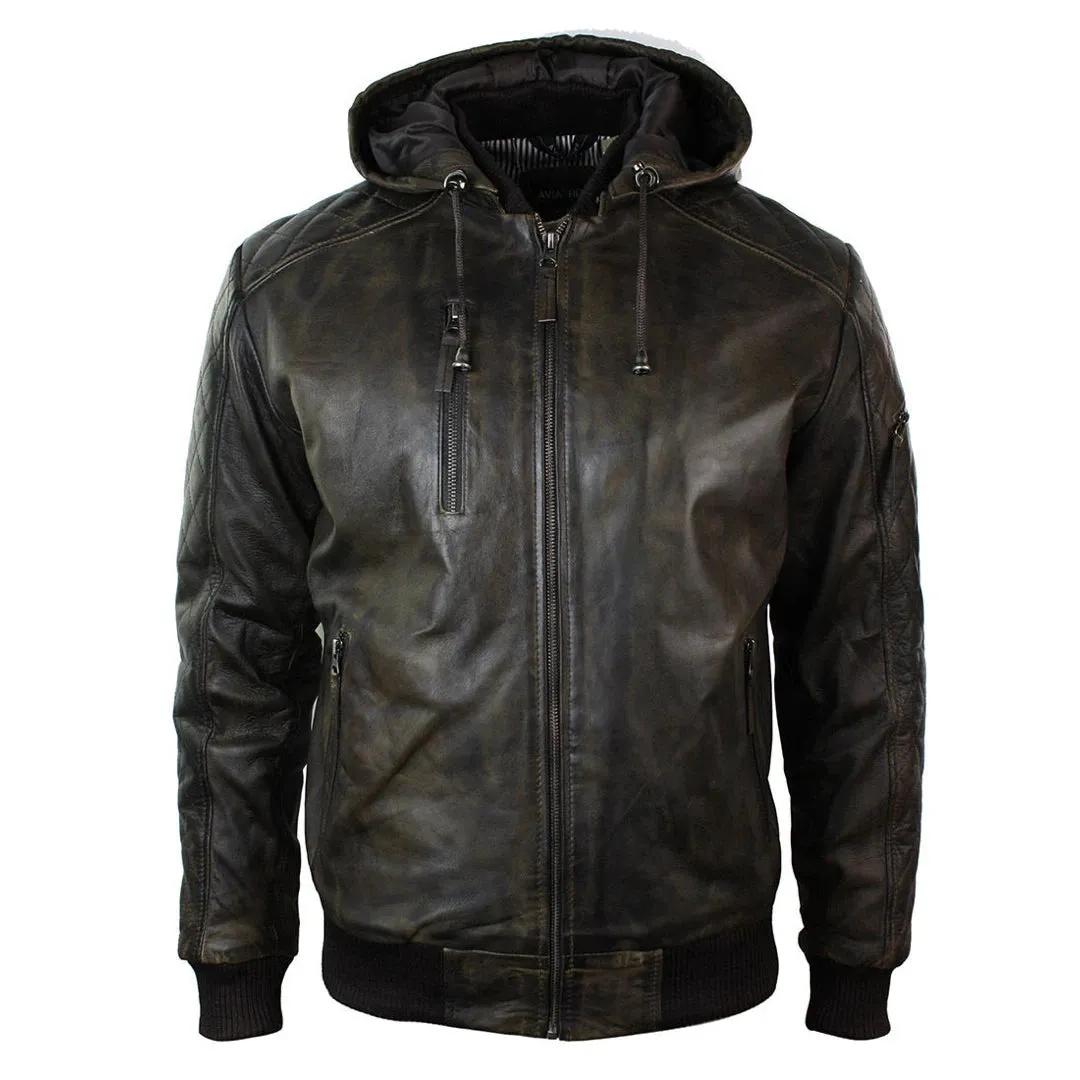 Men's Brown Washed Distressed Removable Hood Bomber Leather Jacket Quilted